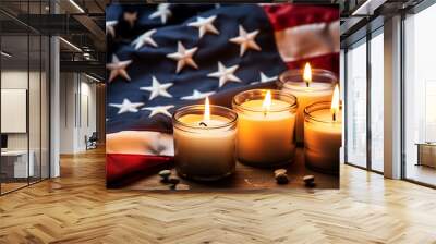 Celebration of freedom American flag burning, candle illuminates patriotism generated by AI Wall mural