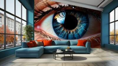 Close up of a human eye, looking with a blue iris generated by AI Wall mural