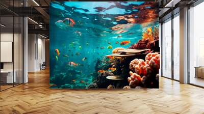 Colorful fish swim in the underwater reef, nature beauty generated by AI Wall mural