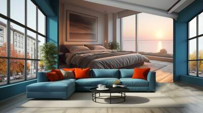 Comfortable modern bedroom with luxury bedding and natural sunset view generated by AI Wall mural