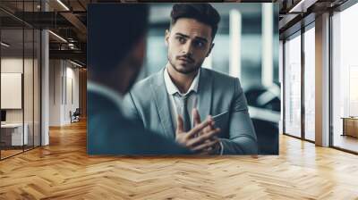 Confident businessman in formalwear sitting with coworker discussing success generated by AI Wall mural