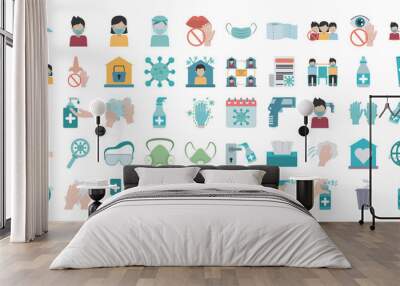 covid 19 coronavirus, prevention outbreak disease pandemic virus icons set flat design icon Wall mural