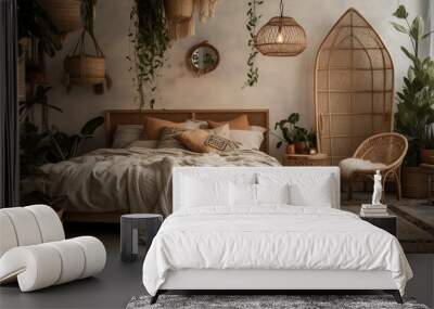 Cozy modern bedroom with rustic wood decor generated by AI Wall mural