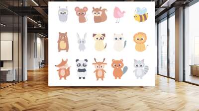 cute cartoon animals little characters owl mouse squirrel deer bird bee bear cat dog lion Wall mural