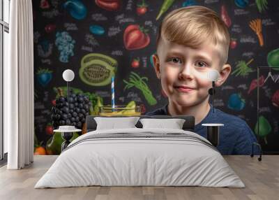 Cute Caucasian boy smiling holding fresh fruit at cheerful celebration Wall mural