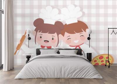 cute girl and boy chefs cartoon character with roller pin and pizza Wall mural