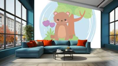 cute little bear sitting with flowers and tree cartoon animals in a natural landscape Wall mural