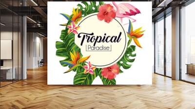 label with tropical flowers with exotic leaves Wall mural