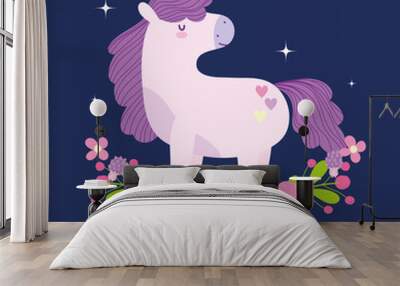 little unicorn flowers fantasy magic animal cartoon dark background Wall mural