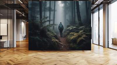 Men hiking in foggy forest, a mystery generated by AI Wall mural