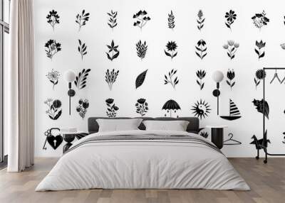 minimalist tattoo floral shapes and different icons silhouette art on white background Wall mural