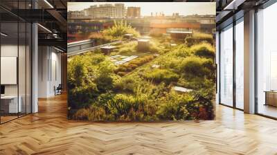 Modern city skyline at sunset, nature and industry coexist outdoors generated by AI Wall mural