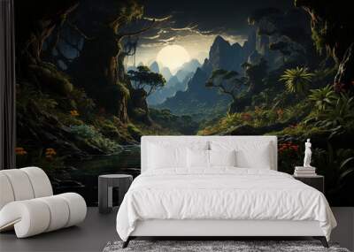 Nature beauty in a tropical rainforest sunset, pond, green grass generated by AI Wall mural