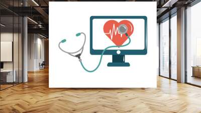 online doctor computer stethoscope heartbeat care flat style icon Wall mural