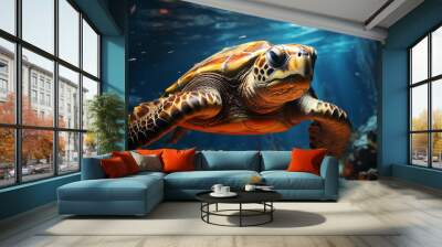 Sea turtle swimming in the blue underwater reef generated by AI Wall mural