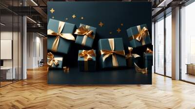 Shiny gold gift box wrapped in festive birthday decoration generated by AI Wall mural