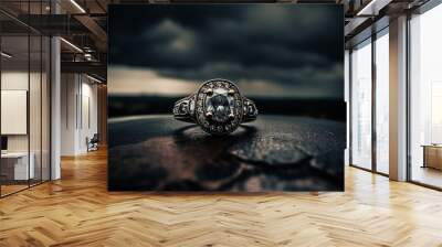 Shiny gold wedding ring with precious gem and reflection generated by AI Wall mural