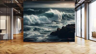 The crashing wave splashes against the rocky coastline at dusk generated by AI Wall mural