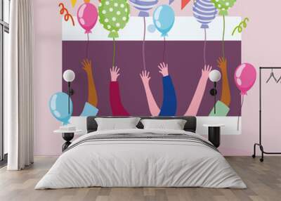 virtual party, computer and people celebration event balloons Wall mural