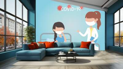 virus covid 19 quarantine, female doctor and sick woman in bed clinic vector illustration Wall mural