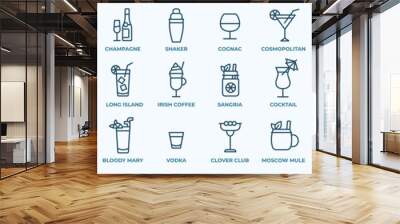 Alcoholic cocktails icons set. Simple outline cocktails icons isolated on white background. Set includes beer, mojito, whiskey. Icons set for restaurant, pub, bar. Vector illustration Wall mural