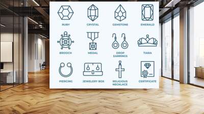 Jewelry line icon set. Included icons as gems, gemstones, jewel, accessories, ring and more.Outline icons collection. Simple vector illustration. Wall mural