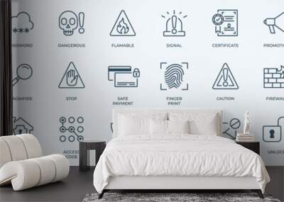 Protection and Digatal Security Vector Line Icons Set. Contains such Icons as Finger Print, Business Data Protection Technology, Cyber Security, Computer Network Protection. Editable Strok Wall mural