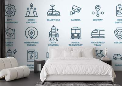 Smart city line icon set with infrastructure efficiency tech, future digital urban, autonomous building, information & communication technology ICT Wall mural