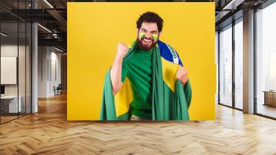 caucasian man with beard, brazilian, soccer fan from brazil, celebrating, yes! wow! Victory. Wall mural