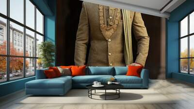 Indian man male fashion model in traditional wear or kurta pyjama cloths, sherwani, posing for photo Wall mural