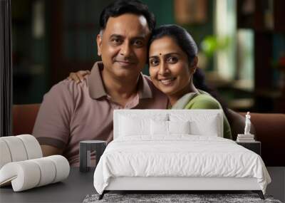 Portrait of Indian happy couple embracing each other at home on sofa or dining table Wall mural