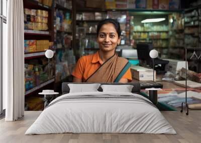 Portrait of Indianwoman small Kirana or grocery shop owner sitting at cash counter, looking happily at camera Wall mural