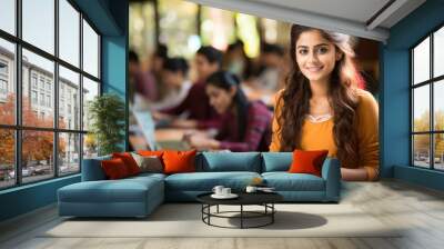 Successful Indian female student with group of college students at classroom of university Wall mural