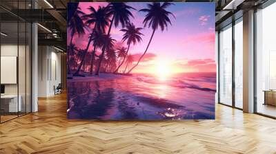 Twilight on the beach. Colorful pink sunset on tropical ocean beach with coconut palm trees silhouettes. Wall mural