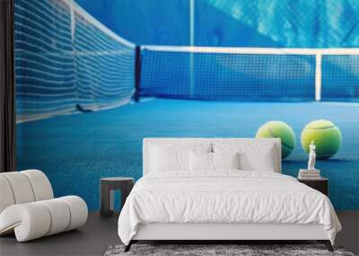 A blue paddle tennis court with two balls near the net portrays a healthy sports theme Enhanced by copy space image Wall mural