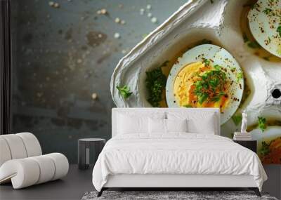 A box set of boiled eggs paired with riceberry for a nutritious on the go meal with a copy space image Wall mural