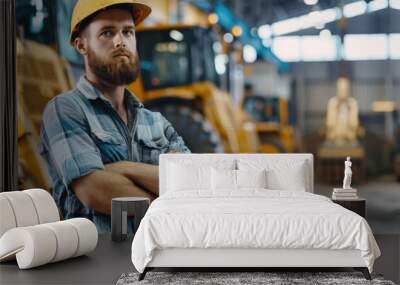 A confident bearded Caucasian man is seen standing at his workplace in a modern bulldozer production factory in a medium long shot copy space image Wall mural