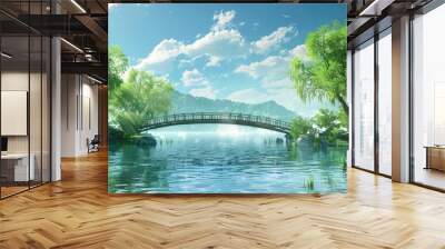 A contemporary bridge links two islands amidst vibrant greenery under a sunny sky on a summer day offering a serene view with copy space image Wall mural