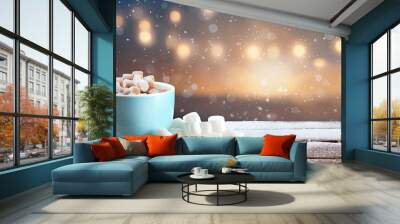 A cup of hot cocoa with marshmallows on a festive Christmas background providing ample copy space for additional imagery Wall mural