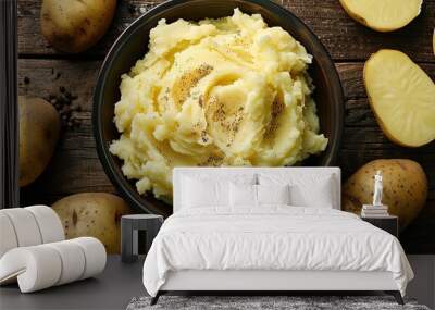 A detailed close-up photo showcasing a bowl of mashed potatoes surrounded by whole potatoes. image with copy space Wall mural