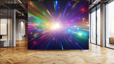 A surreal rainbow colored abstract background with purple green and gray hues featuring lens flare and colorful bokeh lights creating an illuminated burst of multicolored light The image showcases bl Wall mural