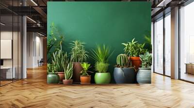 A trendy home garden interior adorned with a variety of stunning plants including cacti succulents and air plants displayed in stylish pots The space also features a green wall following a home garde Wall mural