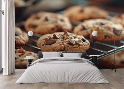 Chocolate chip cookies displayed on a rack with a chocolate pot in the copy space image Wall mural