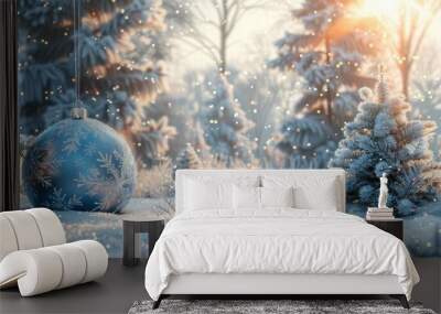 Christmas ball in light blue set against a scenic snowy forest perfect as a banner with copy space image available Wall mural