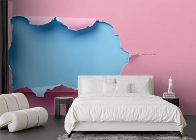 Conceptual social media marketing symbol featuring a message on torn blue paper set against a pink background providing a copy space image Wall mural