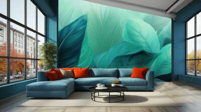 Copy space image of trendy green and turquoise foliage creating a dynamic backdrop with a tropical leaf texture in mint color Wall mural