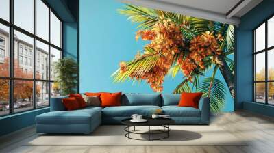 Exotic palm tree with green orange and yellow leaves and flowers set against a blue sky background ideal for eco friendly tourism concepts featuring copy space image Wall mural