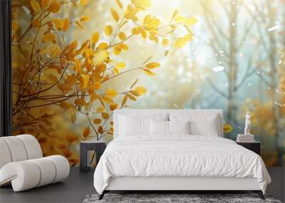 Forest in golden autumn featuring branches with yellow leaves creating a natural backdrop Perfect for copy space image Wall mural