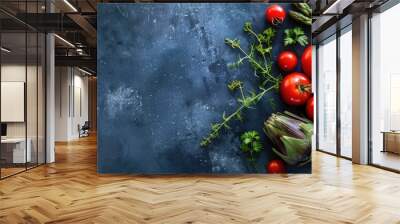 Fresh vegetables like tomatoes avocados artichokes and asparagus arranged on a rustic blue backdrop with copy space image Wall mural