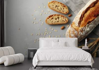 Gray background with cereals enhances the wholesome concept of whole grain rye baguette Copy space image available Wall mural